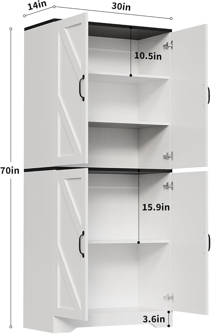 IDEALHOUSE 70" Kitchen Pantry Storage Cabinet, Farmhouse Kitchen Cabinet with 4 Doors & 3 Adjustable Shelves, Freestanding Cupboard for Dining Room,Living Room,White