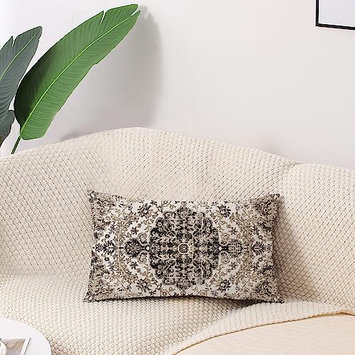 Waterproof Throw Pillow Covers 12X20 Inch Set of 2 Bohemian Vintage Carpet Pattern Black Grey Ethnic Design Decorative Farmhouse for Couch Garden Balcony (7.5 Count)