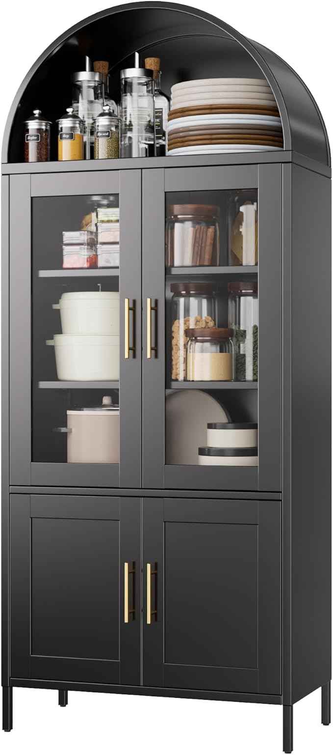 Metal Arched Bookcase Cabinet with 4 Doors,Arched Kitchen Pantry Cabinet for Home Office Living Room,Required Assembly,Black
