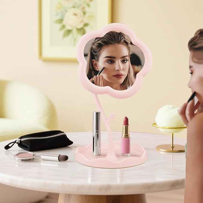Vanity Mirror, Desk Flower Compact Adjustable Desk Mirror, Office Cubicle with Jewelry Tray & Foundation Brush, Cute Makeup Mirror with Standing, Home Decor for Bedroom Living Room Dormitory(Pink)