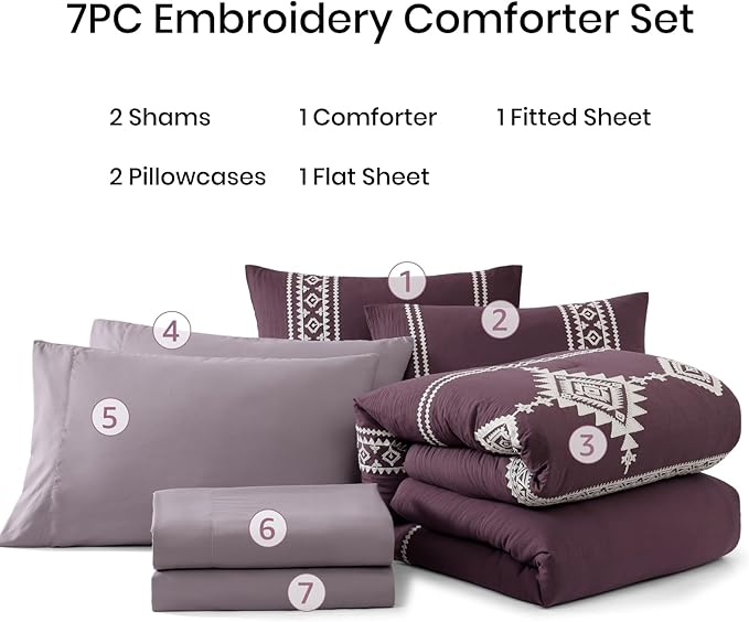 MaiRêve Embroidery Full Size Comforter Set Purple, Farmhouse Western Boho Bedding Set 7 Pieces, All Season Bed in A Bag Comforter Set with Sheets, Pillowcases & Shams