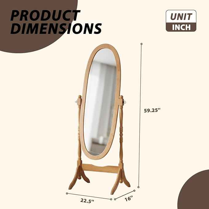 Full Length Mirror with Stand, Vintage Style Wood Floor Cheval Mirror, Traditional Adjustable Free Standing Mirrors Full Length (Oak)