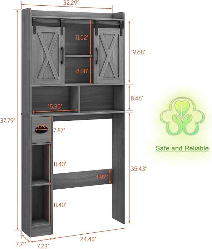 Farmhouse Over The Toilet Storage Cabinet with Sliding Door & Toilet Paper Holder Stand, Space-Saving for Bathroom & Restroom, Wash Grey