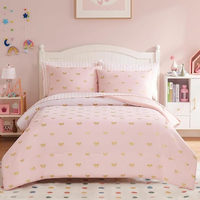 Twin Comforter Set with Sheets for Girls-5 Pieces Twin Bedding Sets with Pink Comforter, Sheets, Pillowcase & Sham for Kids (Pink Gold Bow, 66" X 86")