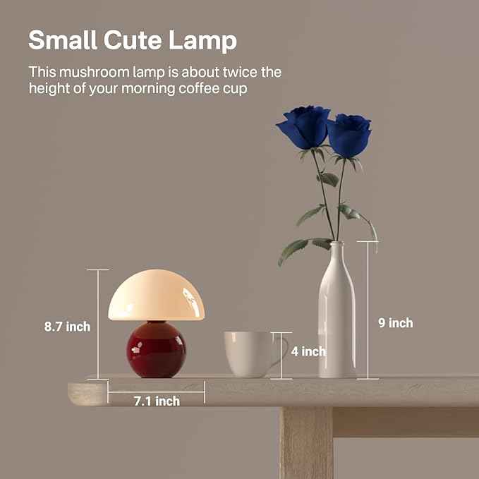 Mushroom Lamp Table Lamp for Bedroom,Desk Bedside Small Lamps for Living Room Night Stands,Mushroom Decor Cute Mini Modern Mid Century Lamps,Unique Aesthetic Home Living Room Decor(Wine Red)