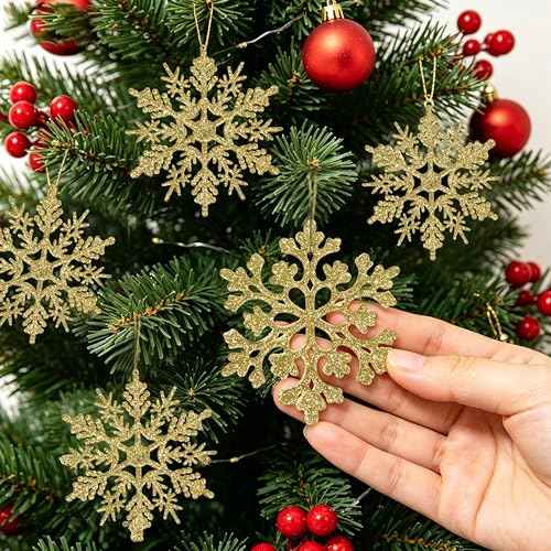 60pcs Christmas Gold Snowflake Ornaments Plastic Glitter Snow Flakes Ornaments for Winter Christmas Tree Decorations Size Varies Craft Snowflakes (60 Count)