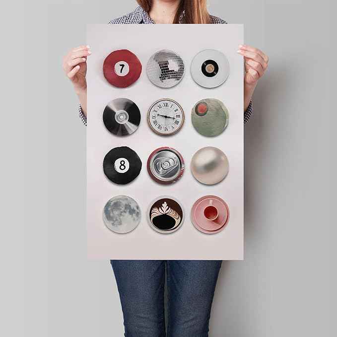 Colorful Vintage Disco Ball Canvas Wall Art, Retro 8 Lucky 7 Ball Poster, Trendy Music Record Paiting, Funky Aesthetic Moon Coffee Cup Prints For Apartment Dorm wall Decor 12x16in Unframed