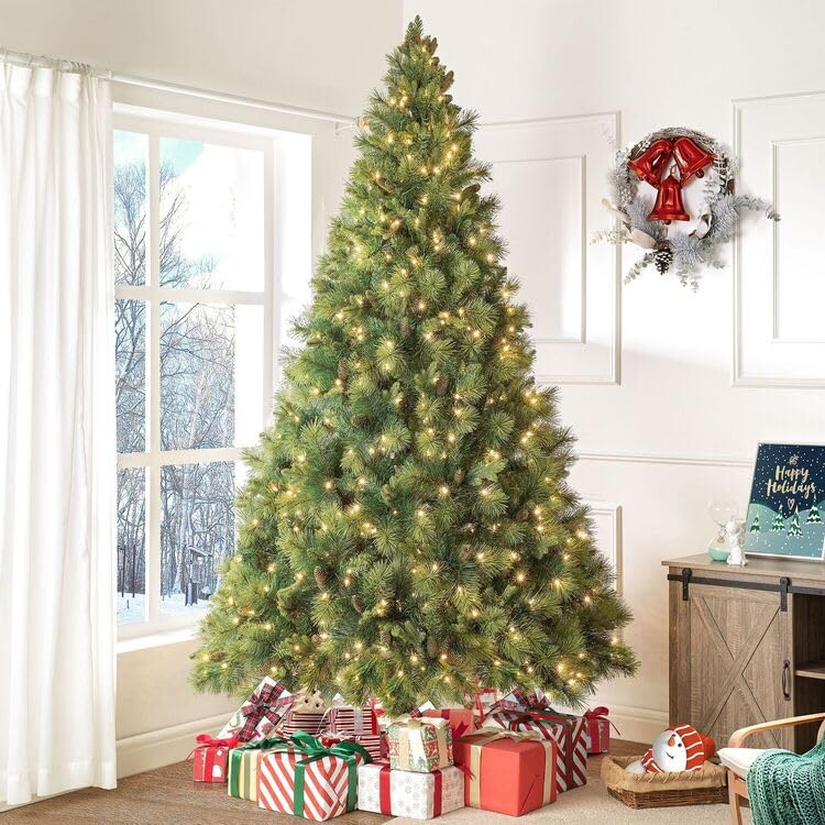 9ft Christmas Tree with Lights Realistic Traditional Christmas Tree Prelit with Pine Cones Foot Pedal 2294 Branch Tips 1050 Warm Lights and Metal Stand Aritificial
