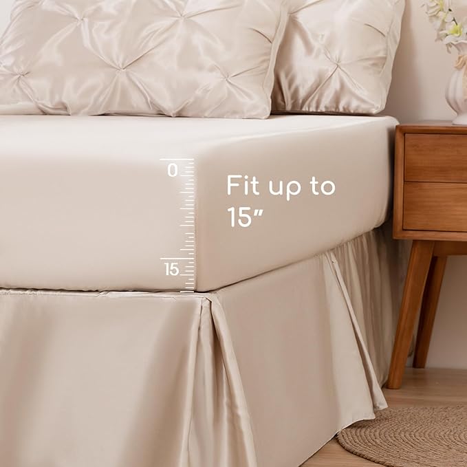 MR&HM Satin Comforter King 7 Pieces - Luxurious Pinch Pleat Bedding Set with Comforter, Flat Sheet, Fitted Sheet, Pillowcases & Shams, Super Silky Soft Bed Set for All Season (King, Beige)