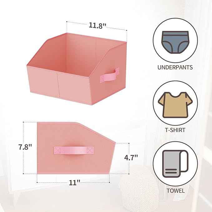 Storage Bins for Shelves - Small Trapezoid Closet Shelf Organizer, Fabric Organization Bins with Handles, Storage Baskets for Clothes, Towel, Purse, 6 Pack, Pink
