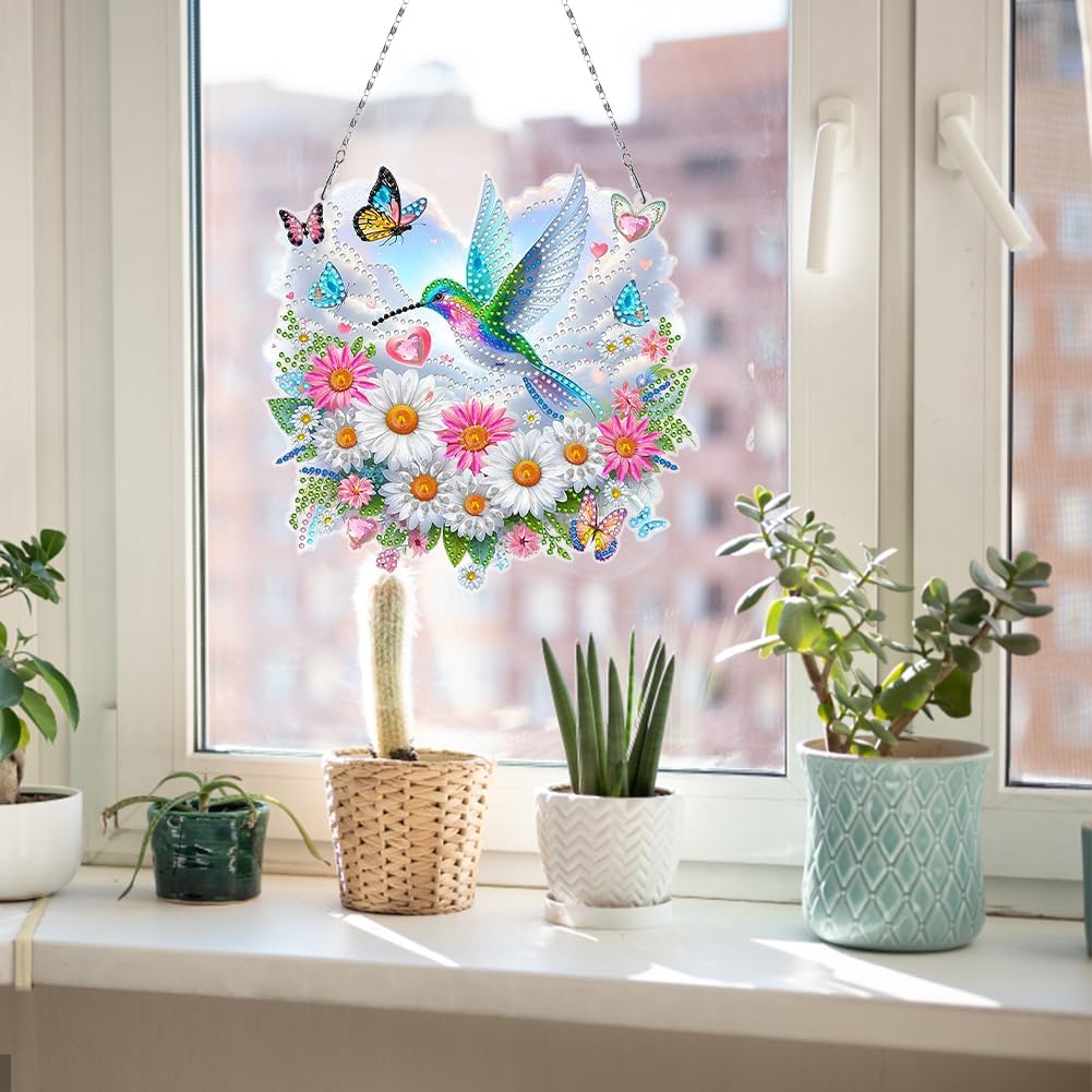 Flowers Hummingbird Diamond Art Kits,5D Diamond Hanging Ornament Kits,DIY Special Shaped Diamond Dot Kits,Home Porch Crystal Hanging Pendant Ornament (Colorful4)