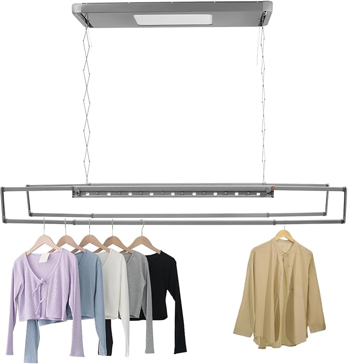 Electric Retractable Airing Rack Gray, Ceiling Clothesline 77lbs Load, Ceiling Mounted Clothes Drying Rack 24W with Remote and Light for Laundry Balcony (Gray)