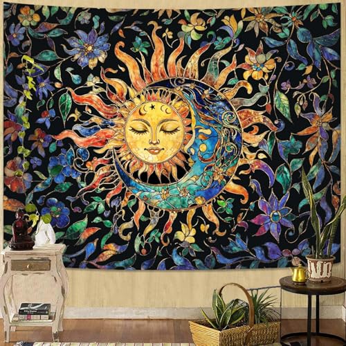 Sun and Moon Tapestry for Bedroom Boho Hippie Floral Wall Tapestry Aesthetic Vintage Stained Glass Plant Small Tapestries Wall Hanging for Living Room Dorm 48 x 36 Inch