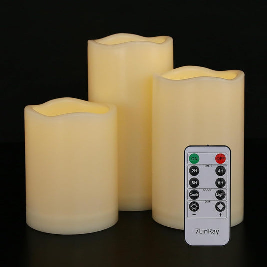 Battery Operated Candles Flickering Flameless Candles with Remote and Timer, Waterproof Outdoor LED Pillar Flameless Candles for Home Wedding Decor, Ivory Plastic, D 3" x H 4" 5" 6"