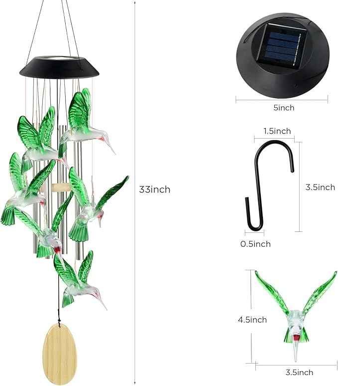 Hummingbird Decorative Mobiles Gifts, Solar Hummingbird Wind Chimes, Gifts for Mom, Women, Grandma, Garden Courtyard Lawn Decor, Gift for Christmas and New Year