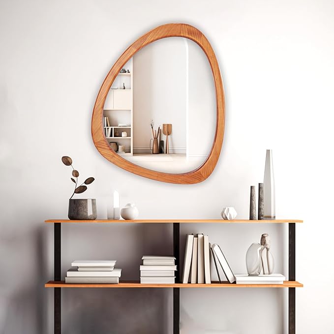 WallBeyond Asymmetrical Mirror, Irregular Wall Mirror for Bathroom, Bedroom, Living Room, Entryway, Hall - Walnut Wood Framed 23" H x 19" W