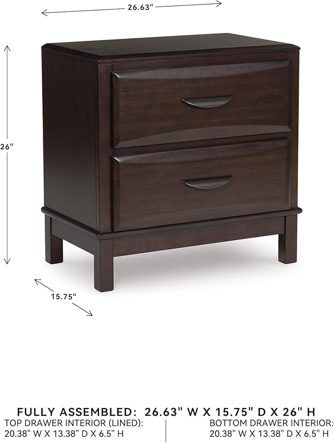 Signature Design by Ashley Vanmore Contemporary 2-Drawer Nightstand with Felt-Lined Top Drawer, Dark Brown