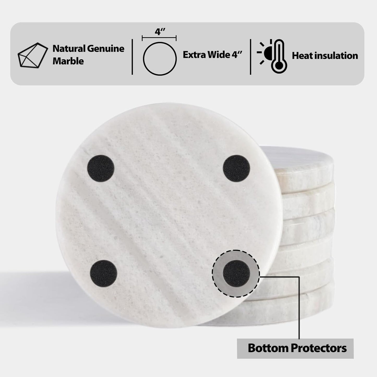 BCS Premium Marble Coasters Set of 6 with Holder - White Stone Drink Coasters for Coffee Table, Durable Cup Mats for Beer, Wine, Beverages - Elegant Home & Office Decor Present