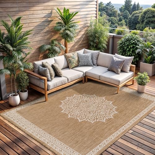 Outdoor Rug 8x10 Medallion Natural Modern Area Rugs for Indoor and Outdoor Patios Kitchen and Hallway Mats Washable Porch Deck Outside Carpet (80 Sq Ft)