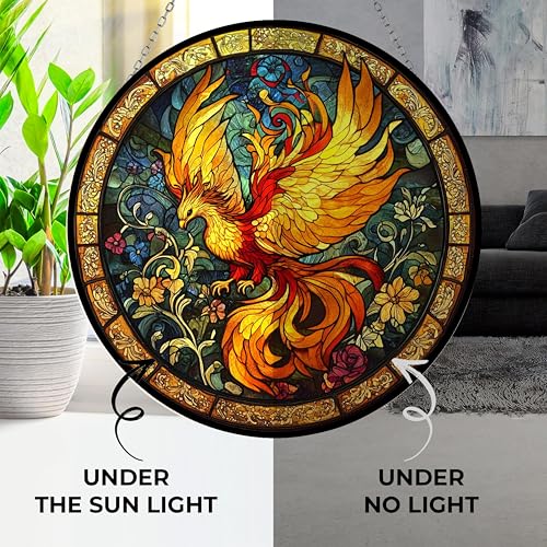 Sacred Phoenix Bird Suncatcher Stained Glass Window Hangings Sun Catchers Colorful Ornament Gifts for Women Mom Wife Halloween Christmas Housewarming 9.8"
