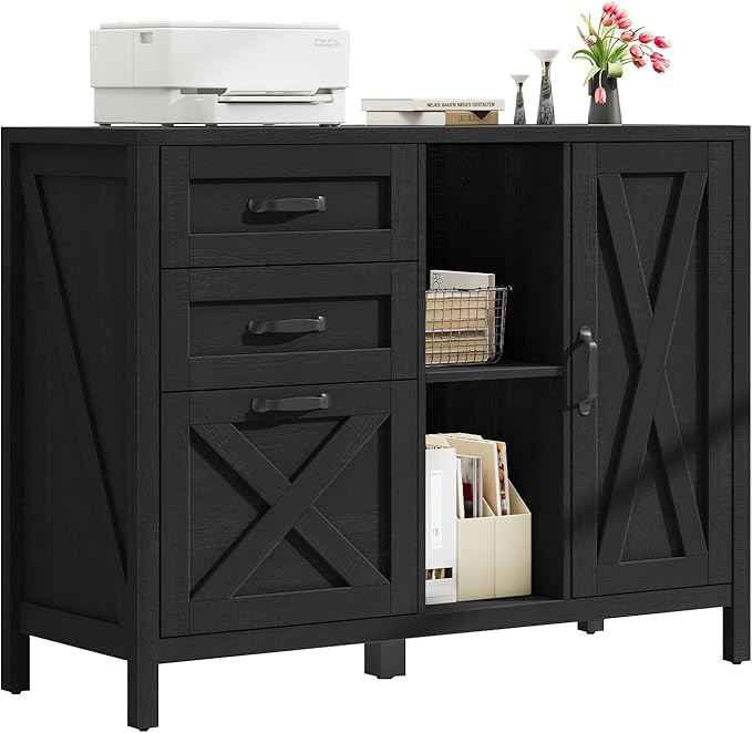 Vabches Lateral File Cabinet, Farmhouse 3 Drawer File Cabinet with Open Storage Shelf for Letter/Legal/A4 Size Hanging Files, Large Wood Storage Cabinets Printer Stand for Home Office, Black