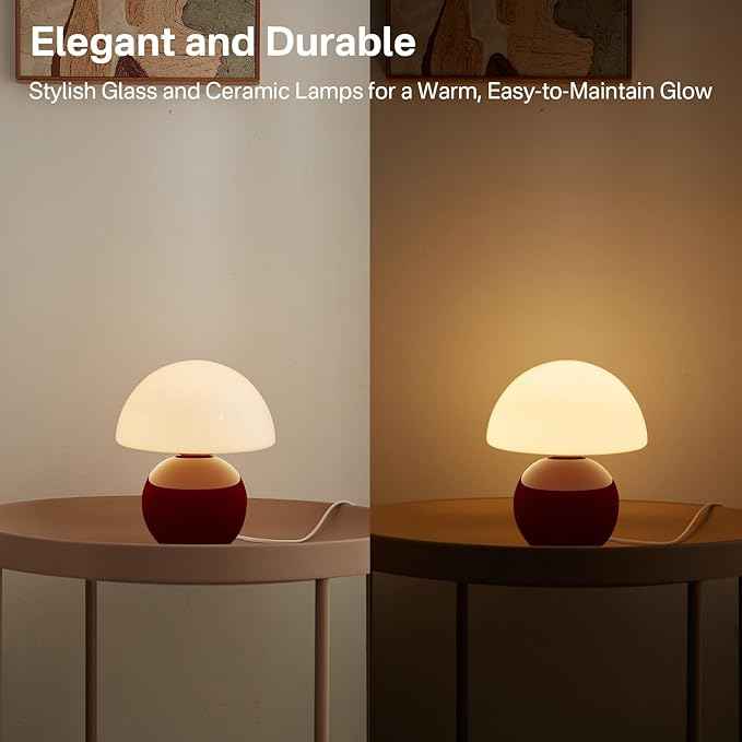Mushroom Lamp Table Lamp for Bedroom,Desk Bedside Small Lamps for Living Room Night Stands,Mushroom Decor Cute Mini Modern Mid Century Lamps,Unique Aesthetic Home Living Room Decor(Wine Red)