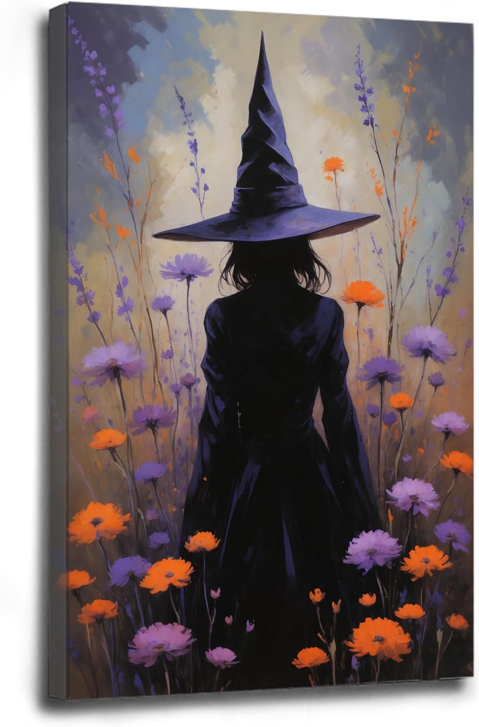 Country wildflower witch canvas print halloween mashup art witch purple decoration bohemian elegant art poster8x12in Wood Framed