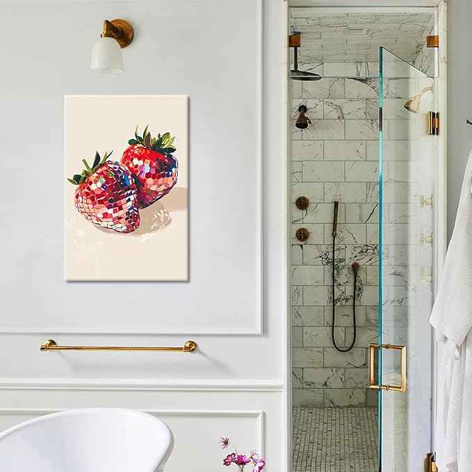 Funky Red Strawberry Disco Wall Art,Trendy Disco Ball Poster For Girls Room, Coquette Strawberries Picture Print, Art Fruit Poster For Home Bedroom Dorm wall Decor 24X36in Framed