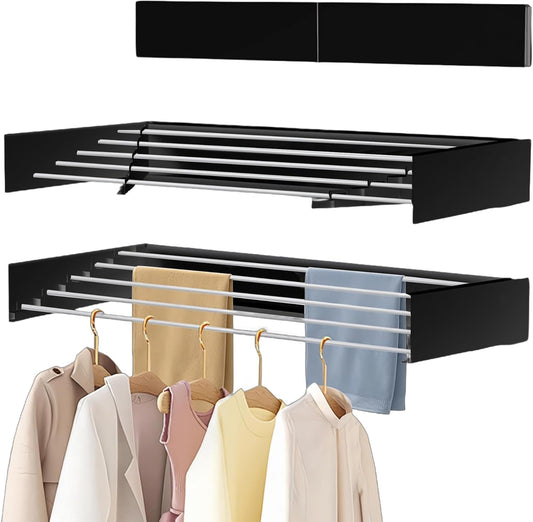 Laundry Drying Rack Collapsible, Wall Mounted Clothes Drying Rack. 39.37" Wide, 19.3 Linear Ft, 5 Aluminum Rods, with Wall Template, Screwdriver Bit (Black 1M)