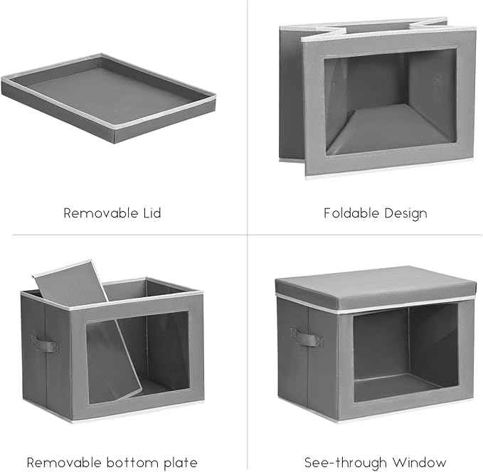 Storage Bins with Lids - Small Fabric Organizers with Window, Collapsible Storage Bins for Clothes, Decorative Closet Organizers for Towels, Tshirt, 3 Pack, Grey