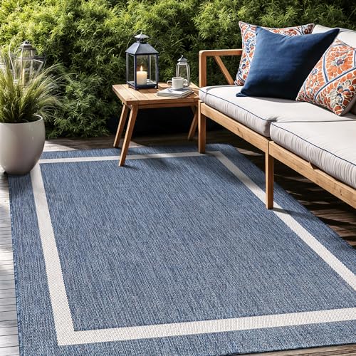 Bordered Outdoor Rug 10x14 Washable Outside Carpet for Indoor Patio Porch Waterproof Easy Cleaning Non Shedding Area Rugs Blue 10 x 14