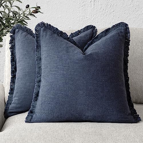 Decorative Linen Fringe Throw Pillow Covers 22×22 Inch (2 Count)