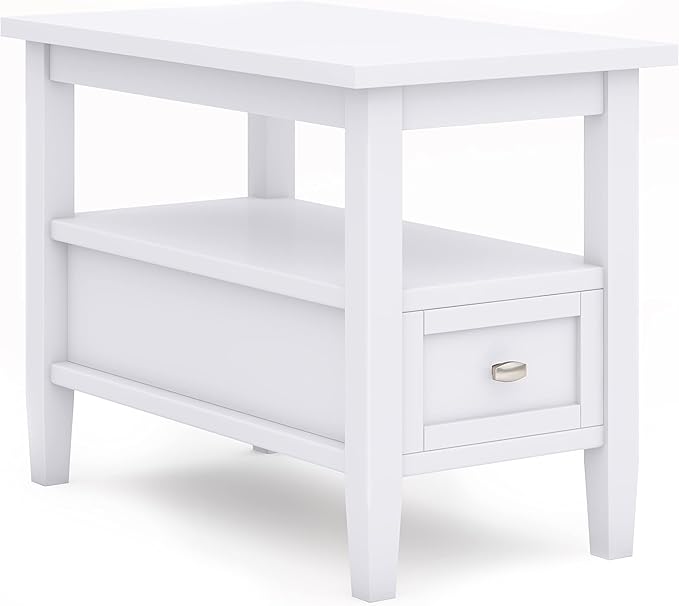 SIMPLIHOME Warm Shaker End Table - 14 inch Wide Solid Wood Narrow Side Table in White, Transitional Accent Table for Living Room or Bedroom with Drawer, Open Shelf and Square Tapered Legs