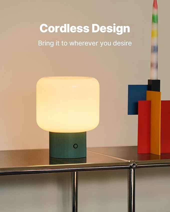 Halo Mushroom Lamp, 5W Cute Cordless Rechargeable Table Lamp with Glass Shade, 3 Color Temps LED Dimmable Ambient Lighting, Small Retro Touch Bedside Light for Bedroom Decor, Vintage Green