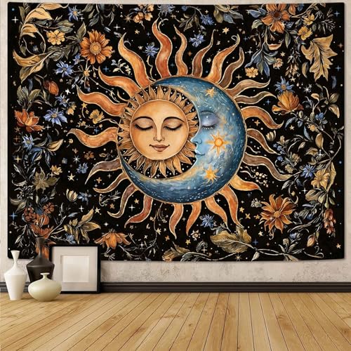 Sun and Moon Tapestry for Bedroom Boho Vintage Floral Hippie Wall Tapestry Aesthetic Retro Flower Plant Small Tapestries Wall Hanging for Living Room Dorm Decor 48 x 36 Inch