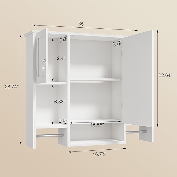 VECELO Large Bathroom Wall Cabinet with Mirror, Wall Mounted Medicine Cabinet with Open Shelves, 2 Towel Bars for Bathroom Laundry Room Kitchen, 35.04" L x 7.09" W x 28.94" H