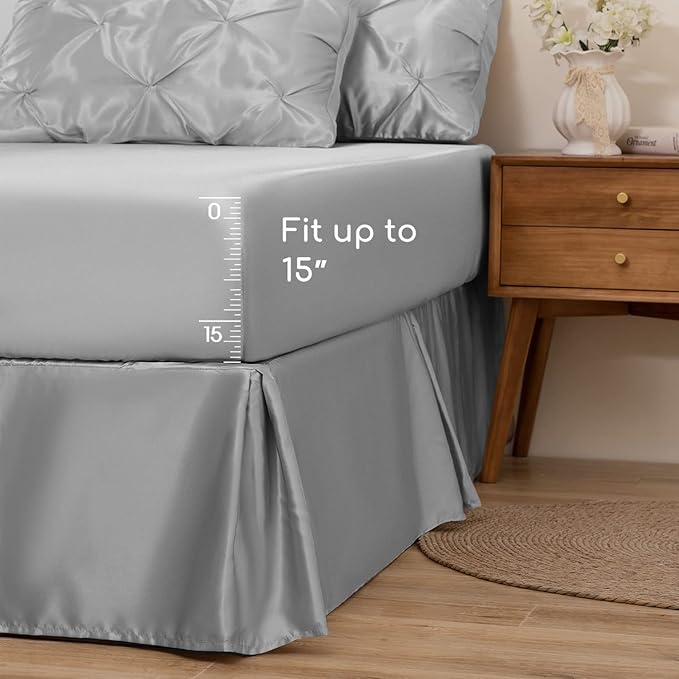 MR&HM Satin Comforter King 7 Pieces - Luxurious Pinch Pleat Bedding Set with Comforter, Flat Sheet, Fitted Sheet, Pillowcases & Shams, Super Silky Soft Bed Set for All Season (King, Silver Grey)