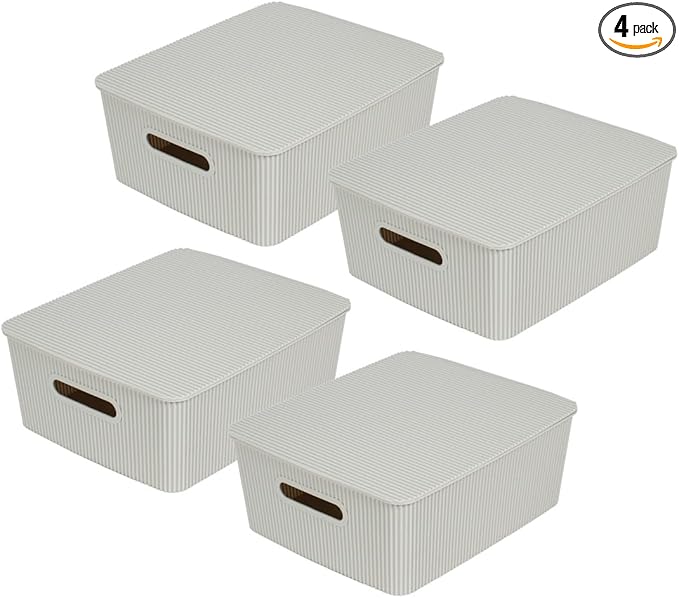 Glad Storage Baskets with Lids - Set of 4 Stackable Plastic Boxes with Handles - Decorative Shelf Organizer Bins for Bathroom and Closet, Grey, 3.1 Gallons