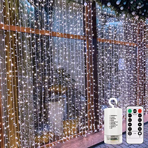 9.8Ft×9.8ft Curtain Lights Battery Operated with Remote Cool White (300 Count)