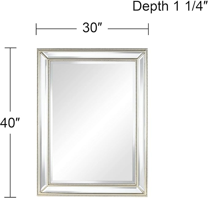 Uttermost Palais Rectangular Vanity Decorative Accent Wall Mirror Modern Beaded Beveled Glass Mottled Silver Mirrored Frame 30" Wide for Bathroom Bedroom Living Room Home House Office