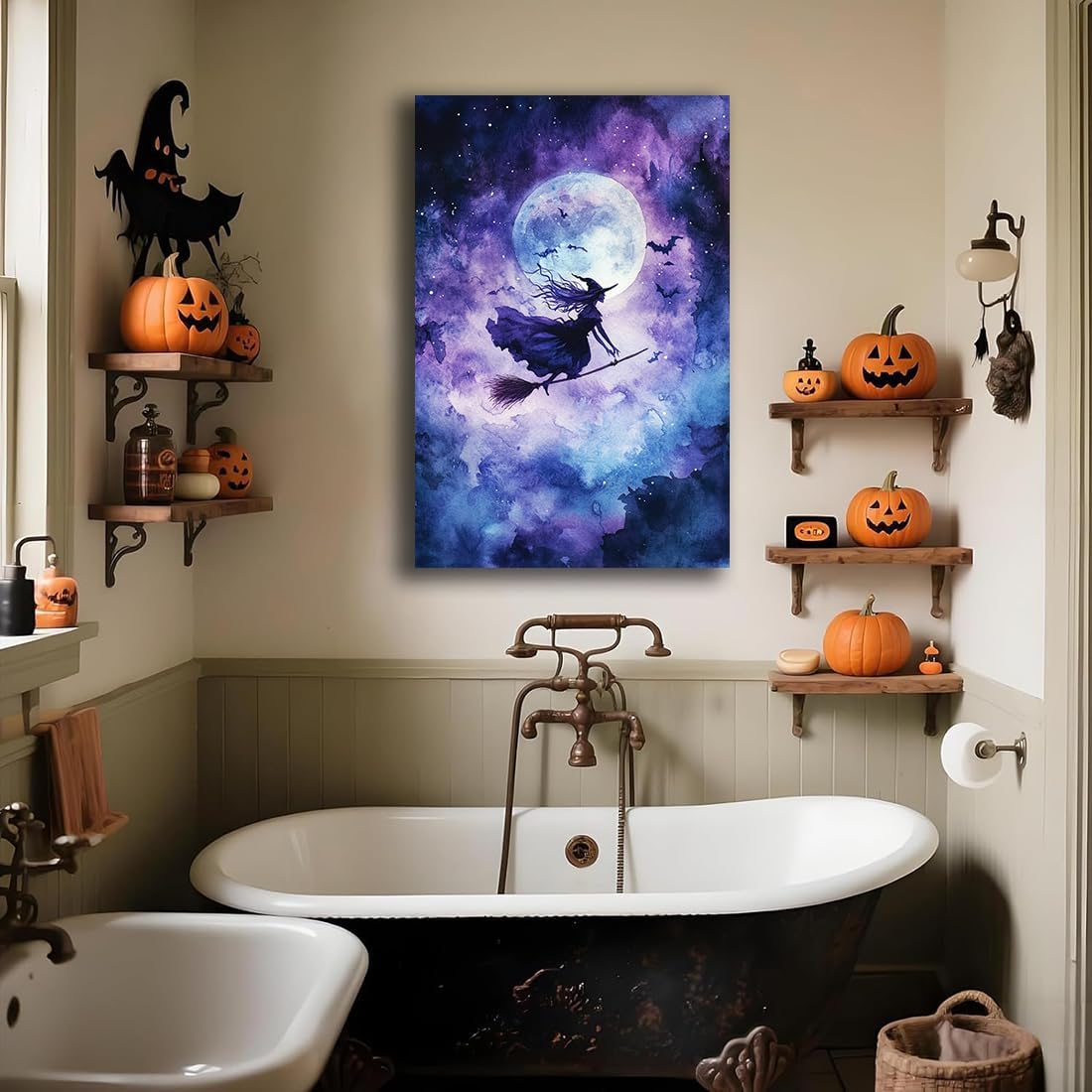 Witch On Broom Flying Wall Art,Gothic Halloween Canvas Wall Art,Victorian Witch Silhouette In Moonlight Broomstick Poster Pictures,Creepy Halloween Purple Night Sky Print,24"x36" Unframed