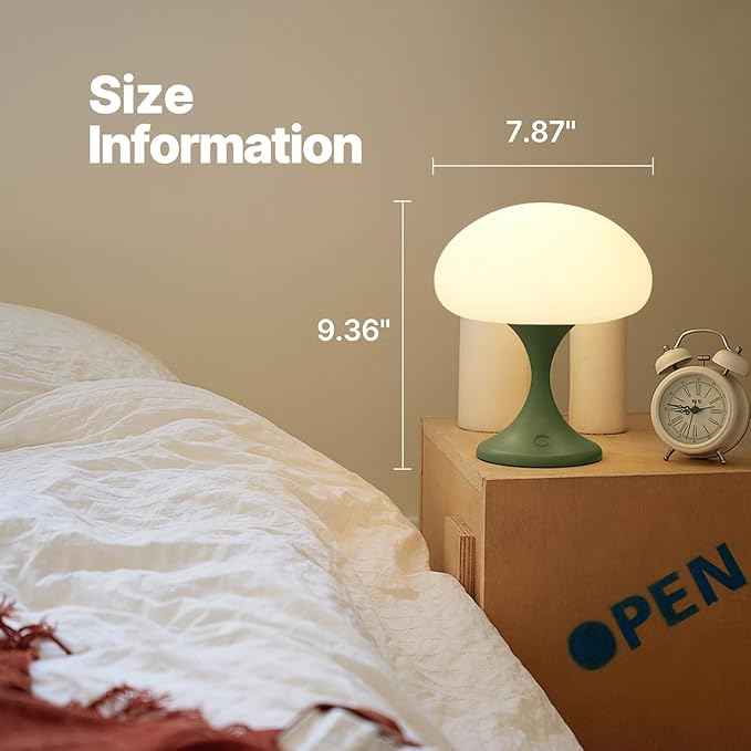Mushroom Lamp, 5W LED Cordless Rechargeable Table Lamp with Glass Shade, Small Retro Dimmable Touch Light with 3 Color Temps, Aesthetic Mid Century Bedside Light for Bedroom Ambient, Green