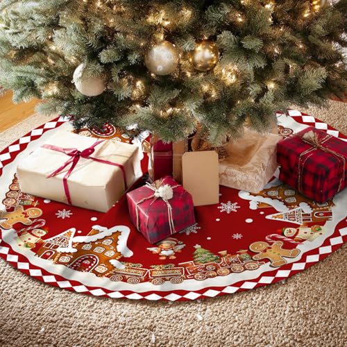 Red Gingerbread Christmas Tree Skirt Decorations House Decor Christmas Gingerbread Tree Ornaments Holiday Party Indoor Outdoor Xmas Trees Mat 36 inches