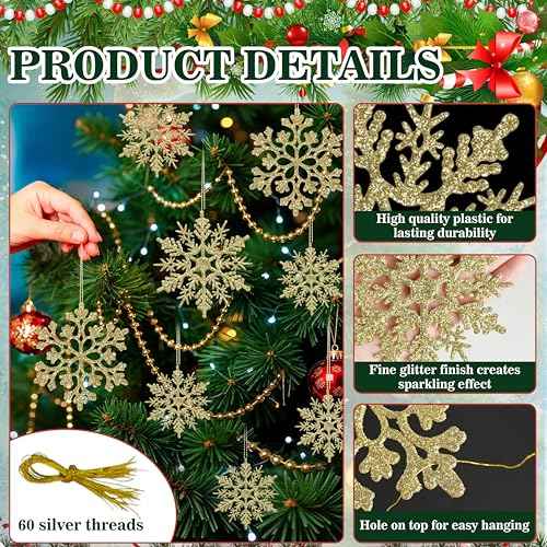 60pcs Christmas Gold Snowflake Ornaments Plastic Glitter Snow Flakes Ornaments for Winter Christmas Tree Decorations Size Varies Craft Snowflakes (60 Count)