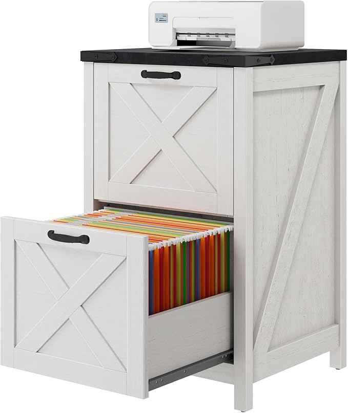 Vabches Vertical File Cabinet with 2 Drawers, Wooden Farmhouse Filing Cabinet for Letter/A4 Size Hanging Files, Under Desk Printer Stand with Storage for Home Office, White and Black