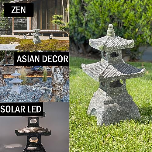 2 Tier Pagoda Garden Statue LED Solar Powered Light 26" Tall Outdoor Zen Garden Lantern Landscape Lawn Asian Pagoda Stupa Decor Grey Resin