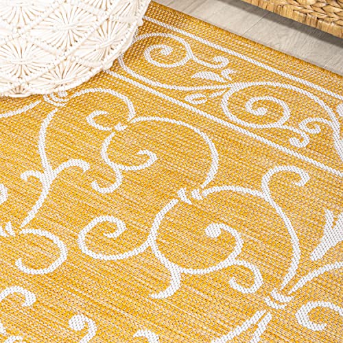 Vintage Filigree Indoor Outdoor Square Area Rug 5X5 Yellow