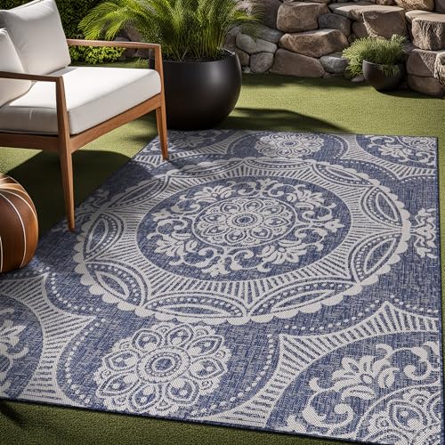 Medallion Outdoor Rug 10x14 Washable Outside Carpet for Indoor Patio Porch Waterproof Easy Cleaning Non Shedding Area Rugs Blue 10 x 14