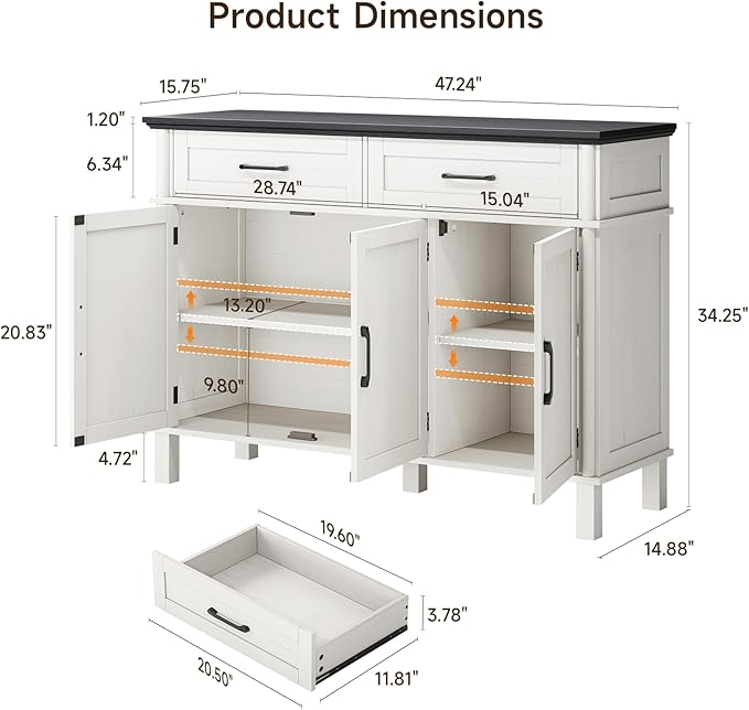 48 Inches Sideboard Buffet Cabinet with Storage, Farmhouse Sideboard Buffet w/2 Drawers and 3 Doors, Kitchen Cabinet with Adjustable Shelf, Wood Console Table for Living Room, Hallway, Off White&Black