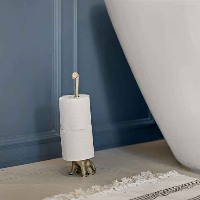 WallCharmers Gold Paper Towel Holder, Metal Toilet or Kitchen Paper Holder for Floor or Countertop, Gold Dino